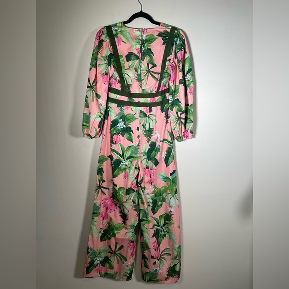 Farm Rio Anthropologie Deep-V Wide Leg Jumpsuit Tropical Floral Pink NWT Sz XS - Picture 13 of 16